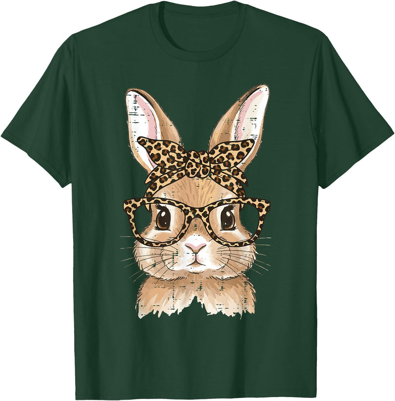 Easter Bunny Leopard Glasses Bandana Rabbit Women Girls Kids T-Shirt in Dark Green