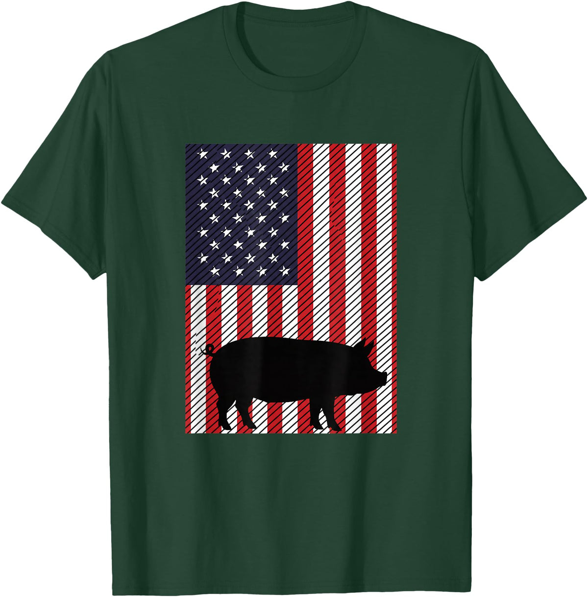 Farm Pig Patriotic United States Flag Kids Animal Patriotic Pig Silhouette American Flag Farm Kids Fourth T-Shirt - Dark Green