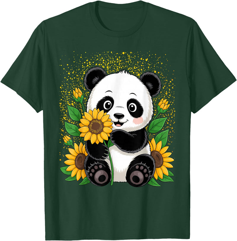 Panda Lover Gift Co. Panda Bear with Sunflowers, Panda Bear T-Shirt - Dark Green