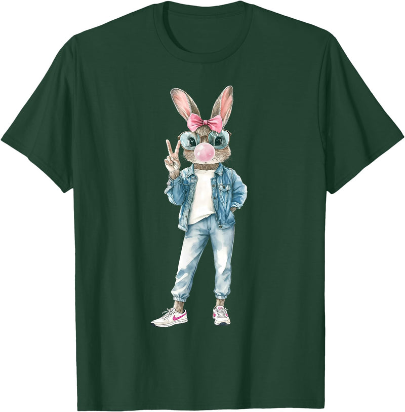 Funny Bunny Sunglasses Rabbit Coquette Bow Easter Trendy T-Shirt in Dark Green
