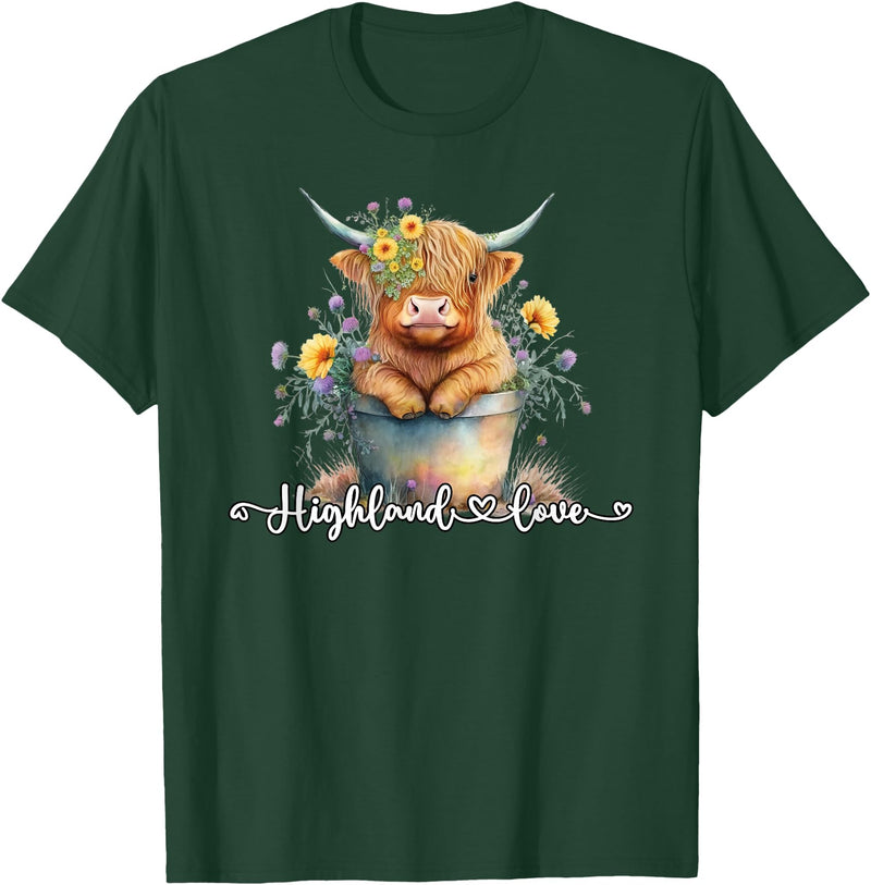 KAEDAM Gifts: Highland Cows Cute Baby Highland Cow Calf Love Spring Pastel Novelty T-Shirt - Dark Green