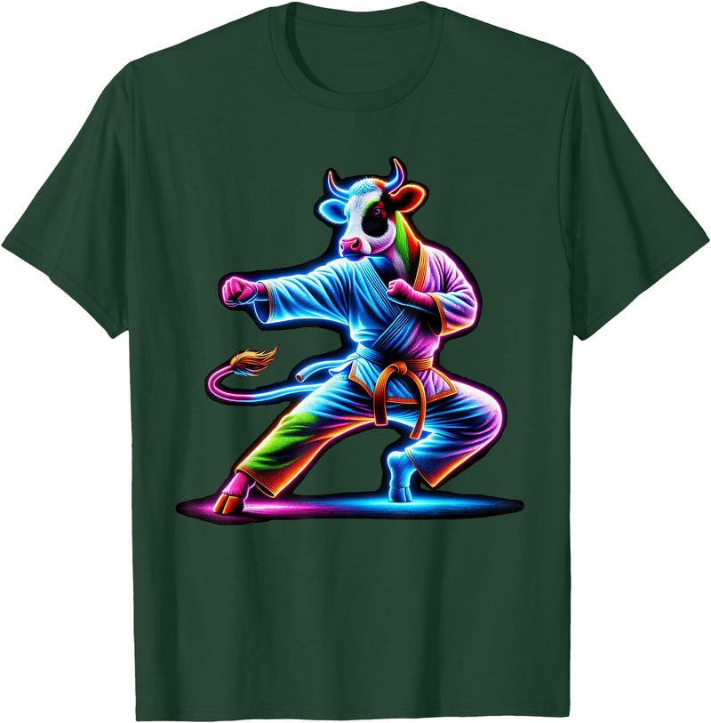 Cow Karate Black Belt Apparel Cow Karate Kick Punch Cute Funny Cool Martial Arts Cow T-Shirt - Dark Green