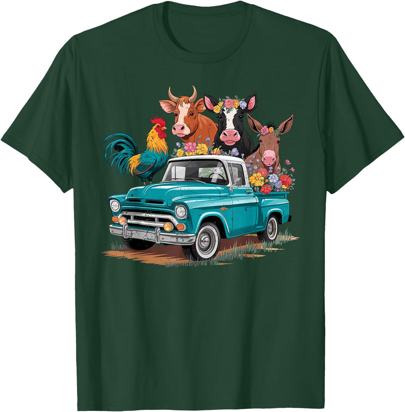 Farm Pickup Truck Farm animals Cow Girl Wife Tee Vintage Pickup Truck Farm Animals Rooster, Cow, Pig, Donkey T-Shirt - Dark