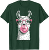 Cute Lama Llama Wearing Glasses Pink Apparel Llama Alpacas Wearing Glasses and Blowing Pink Bubble Gum T-Shirt - Dark Green