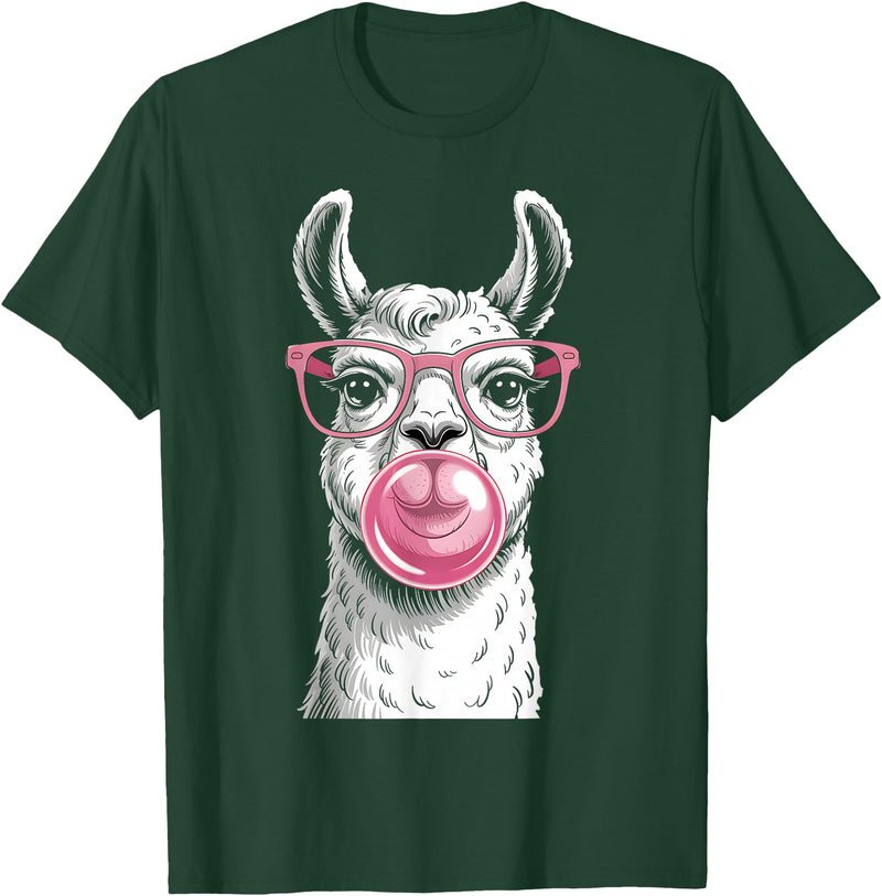 Cute Lama Llama Wearing Glasses Pink Apparel Llama Alpacas Wearing Glasses and Blowing Pink Bubble Gum T-Shirt - Dark Green