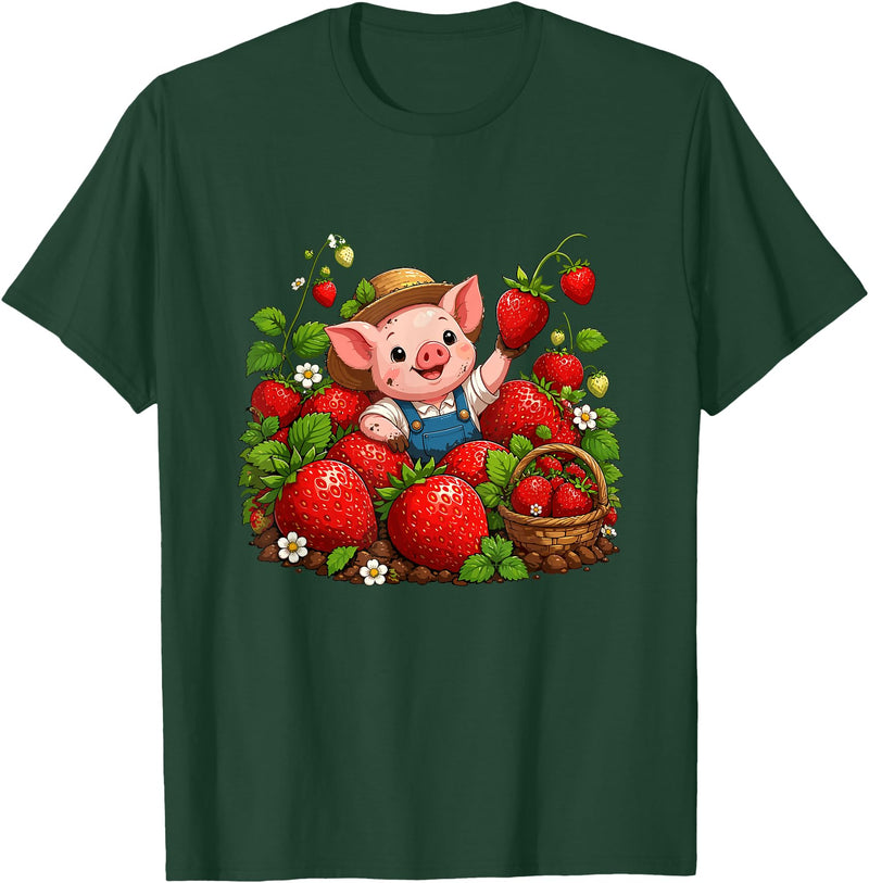 Kawaii Strawberry Piglet Farm Harvest Cute Farmer Pig Strawberry Patch Berry Picking T-Shirt - Dark Green
