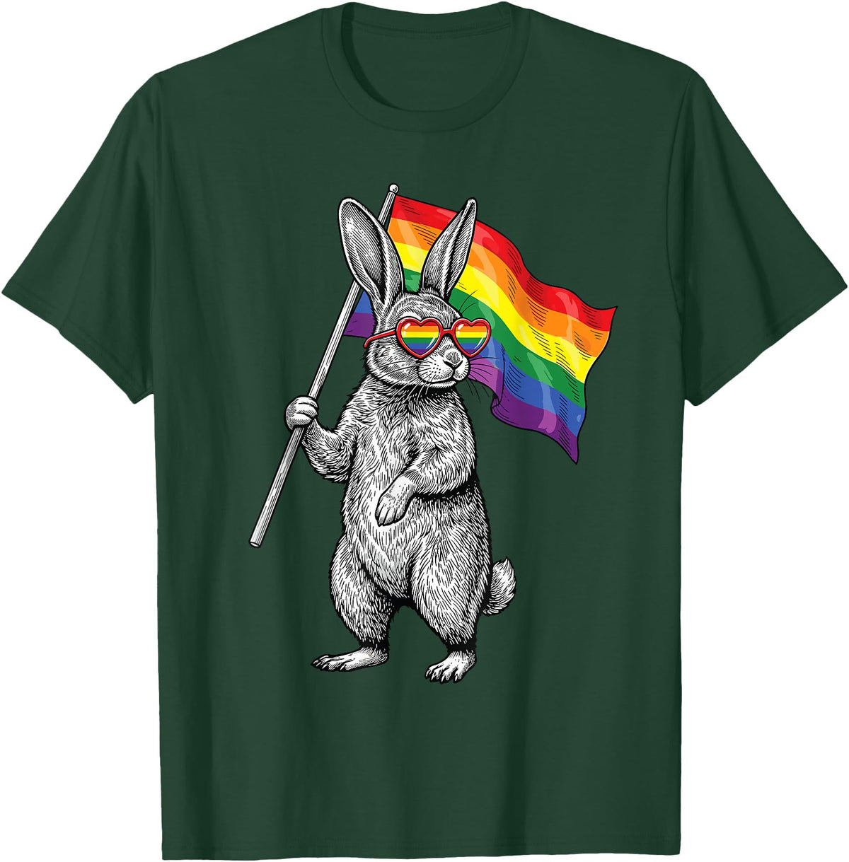 LGBTQ Pride Month Bunny Rainbow Gay Flag LGBT Ally Rabbit T-Shirt in Dark Green