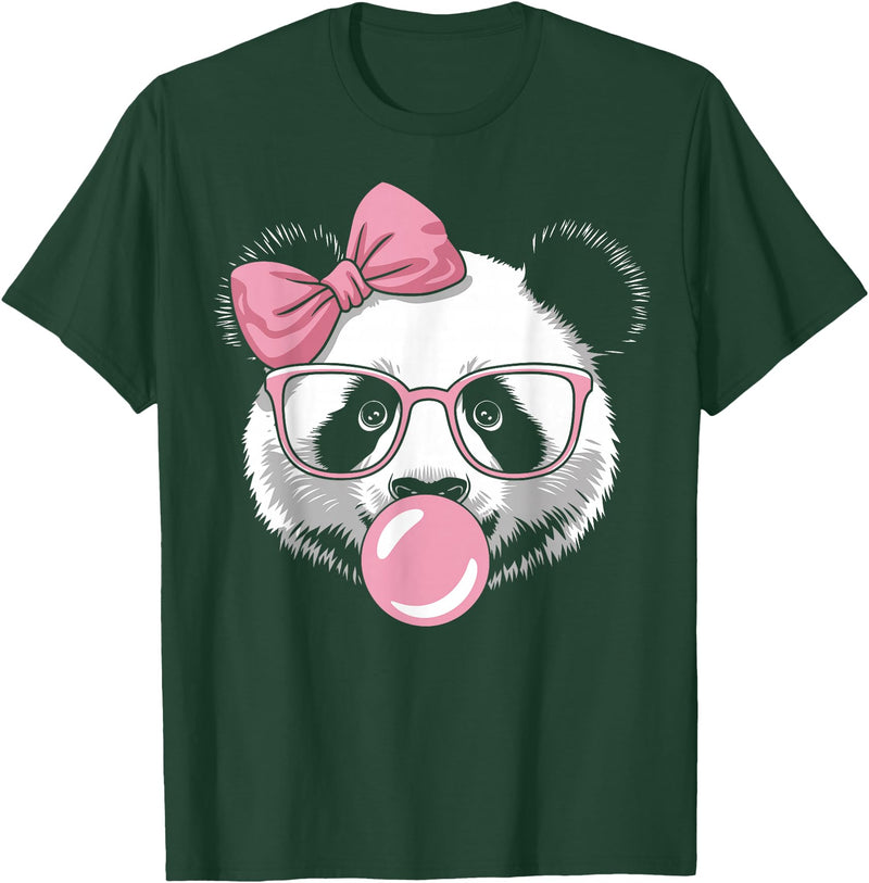 Panda Bear Bubblegum Panda Bear Wearing Glasses and Blowing Pink Bubble Gum T-Shirt - Dark Green