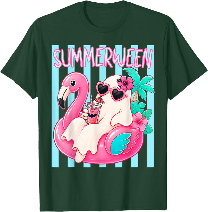 Funny Summerween Ghost Summer Halloween Vacation Summerween Funny Ghost Halloween Summer Floating in Flamingo T-Shirt - Dark