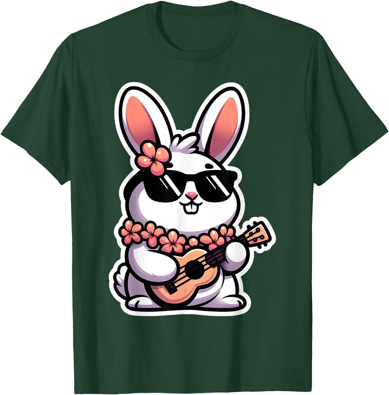 Easter Bunny Rabbit Playing Ukulele Player Musician Hawaii T-Shirt in Dark Green