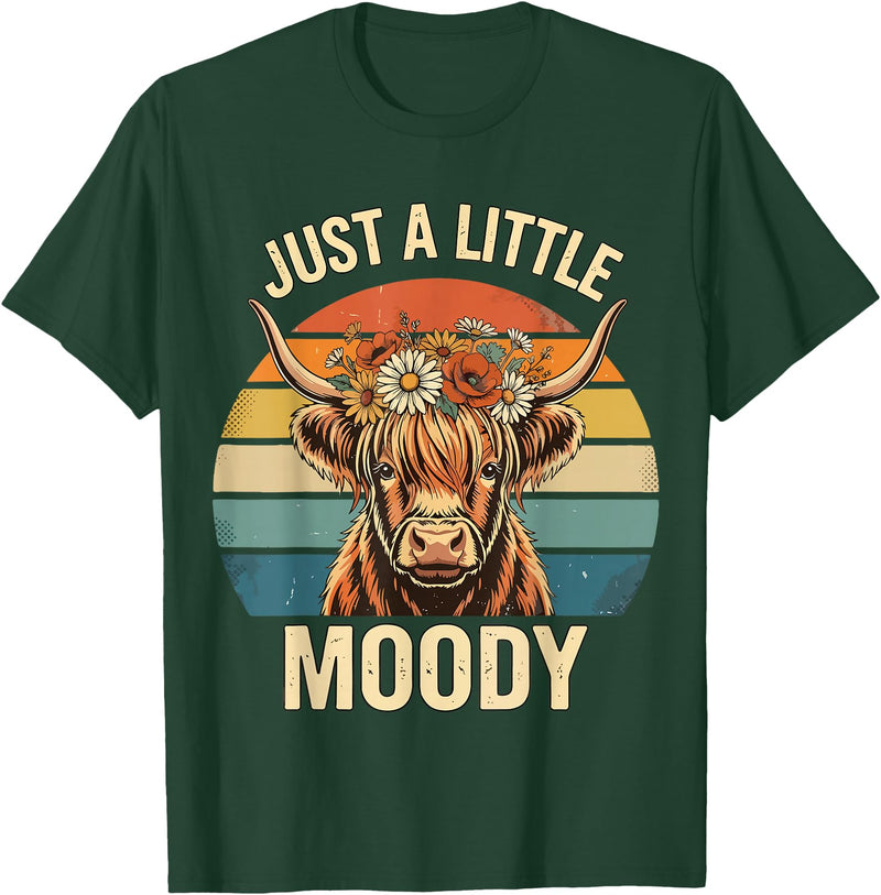 Just A Little Moody Funny Cow Tee Highland Cow Vintage Flower Funny Farm Farmer T-Shirt - Dark Green