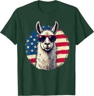 Funny Llama Alpaca Animal Lover Gifts Clothing Llama Alpaca American Flag USA Patriotic T-Shirt - Dark Green