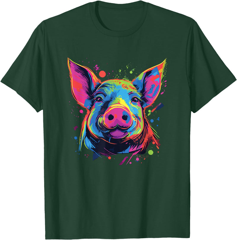 Retro Pig Poparts Tees Watercolor Colorful Pig T-Shirt - Dark Green