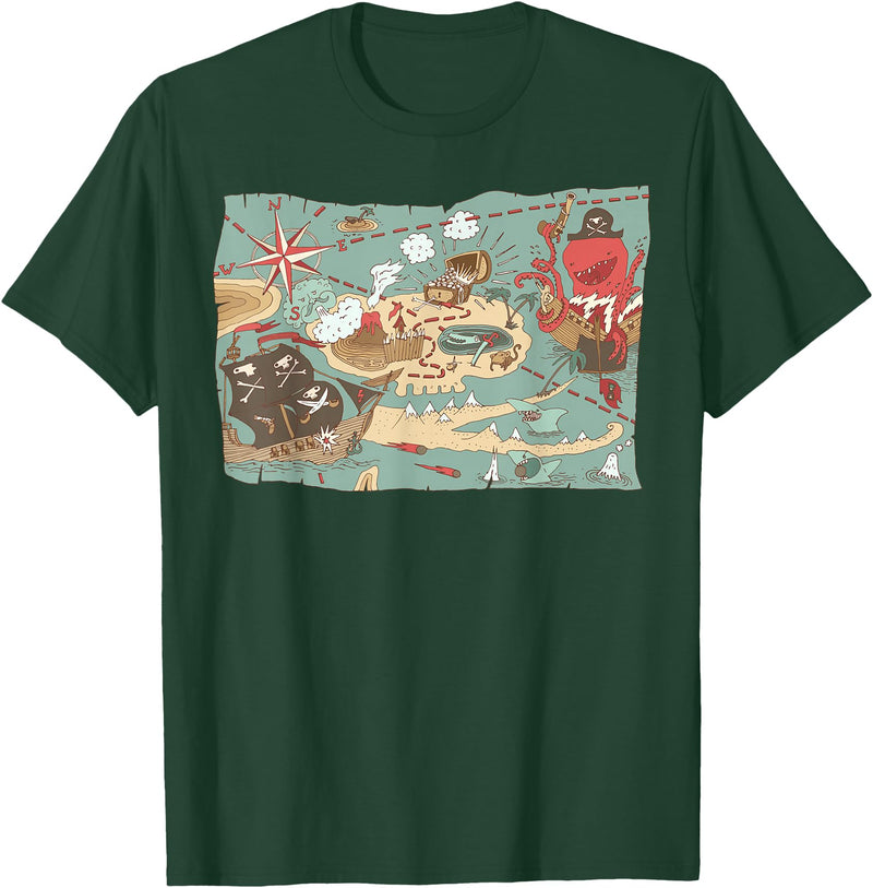 Mel & Bear Treasure Map Ship Sharks Pirates & Skulls Shirt Boys Kids T-Shirt - Dark Green