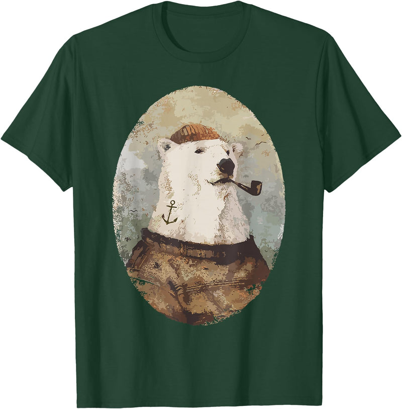 Polar bear Sailor Oil paint Inspired Cool Captain Polar Bear T-Shirt - Dark Green
