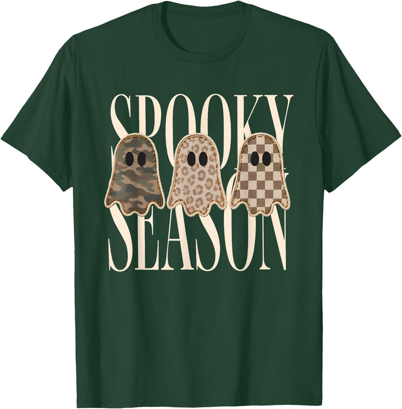 Spooky Season Ghost Halloween Shirt Spooky Season Leopard Camo Checkered Ghost Halloween Fall T-Shirt - Dark Green