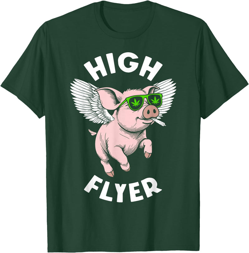 Grandio Design Funny Stoner Weed Cannabis Pot THC 420 Marijuana Funny Pig Lover High Flyer Stoner Weed Pot T-Shirt - Dark Green