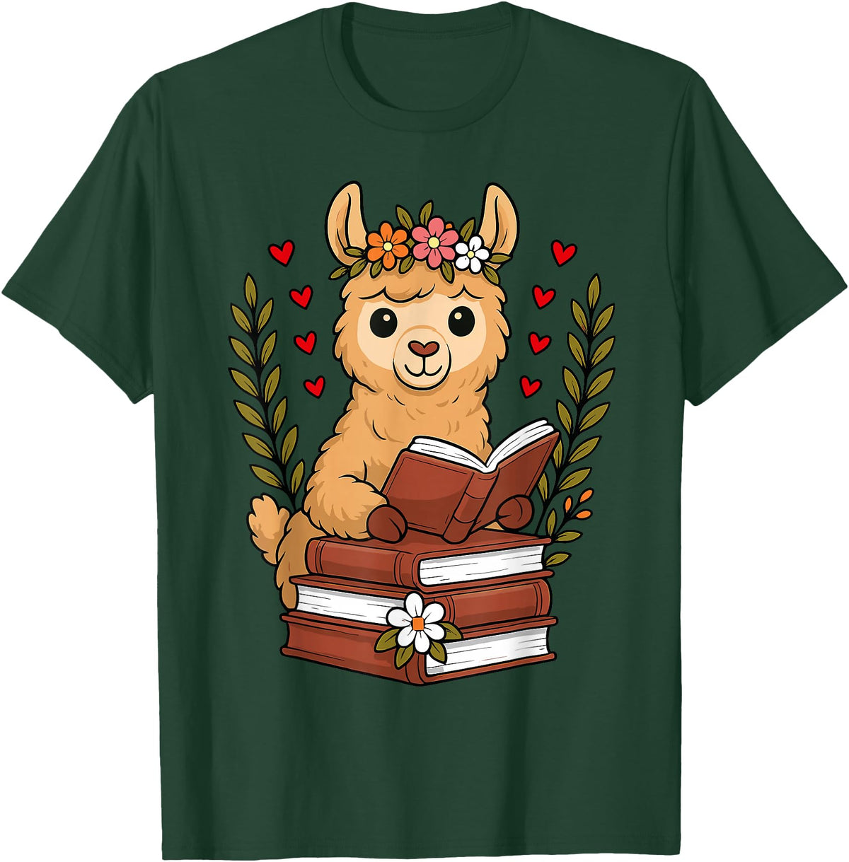 Bookworm Cute Llama Reading Book Llama Reading Book Graphic Llama with Book Floral T-Shirt - Dark Green