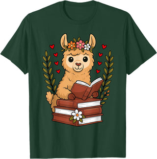 Bookworm Cute Llama Reading Book Llama Reading Book Graphic Llama with Book Floral T-Shirt - Dark Green