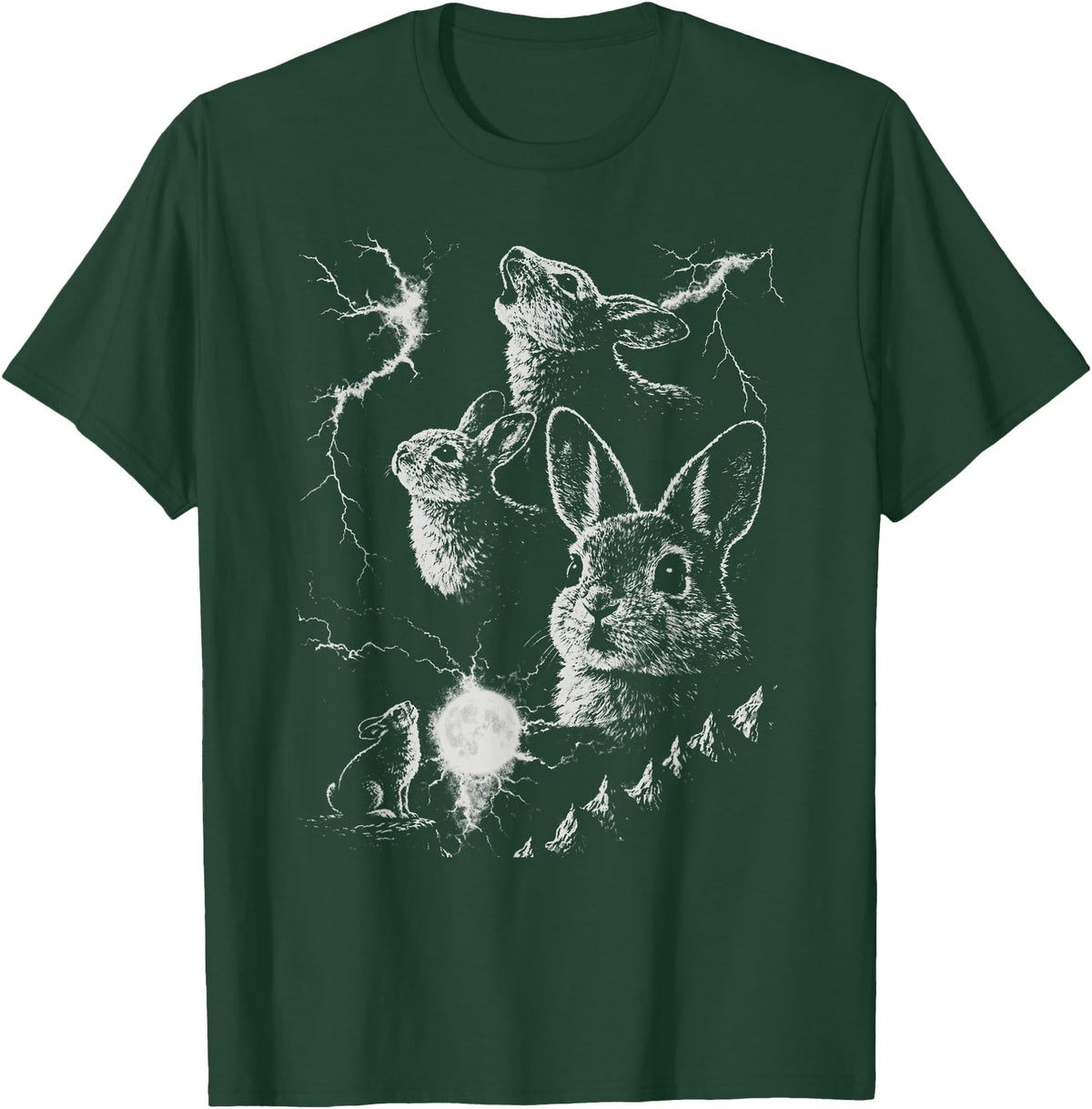 Retro Funny 90s Rabbit Bunny Howling to the Moon Graphic T-Shirt in Dark Green