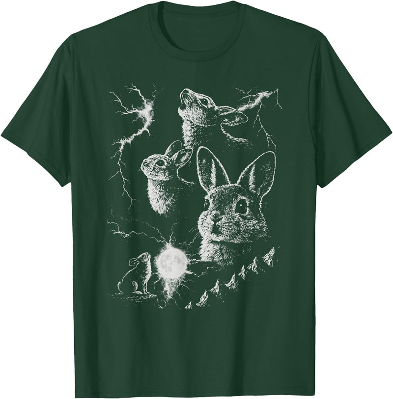 Retro Funny 90s Rabbit Bunny Howling to the Moon Graphic T-Shirt in Dark Green