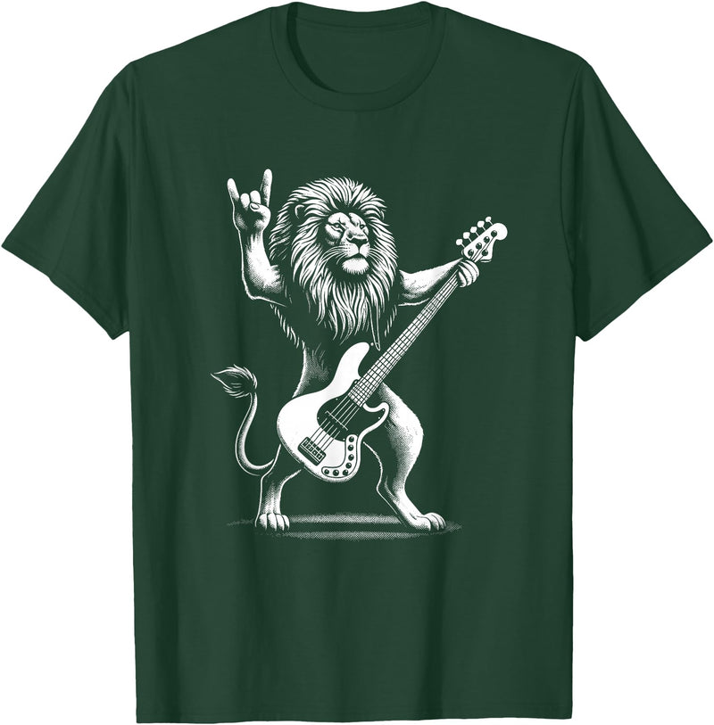 Funny Guitar Lion Lovers Costume for Guitarist Rock n Roll Lion Playing Guitar Funny Men Women Lion T-Shirt - Dark Green