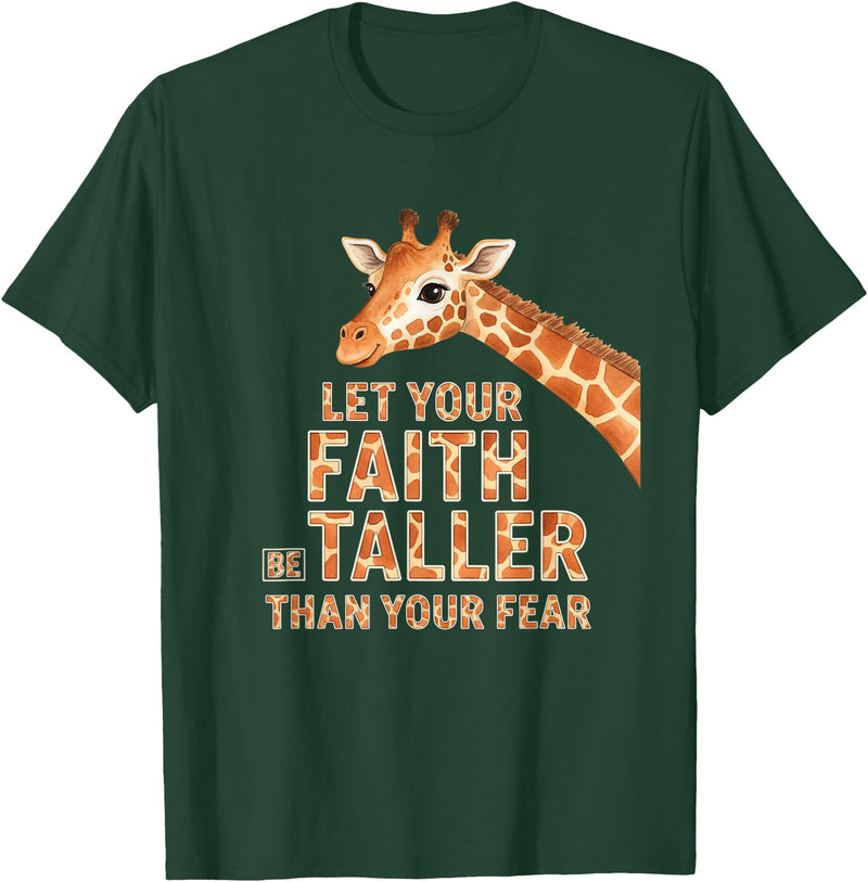 Giraffe Faith Kids Christian Jungle Animal Tall Let Your Faith Be Taller Than Your Fear Kids Giraffe Jungle T-Shirt - Dark Green