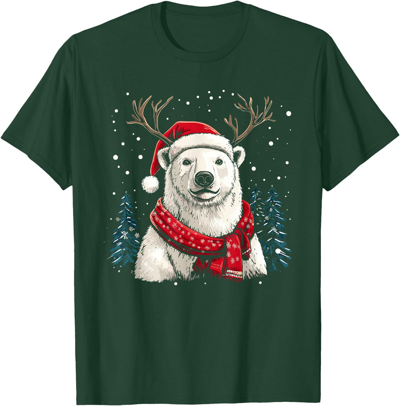 Funny Polar Bear Christmas Santa Hat Outfits Polar Bear Reindeer Santa Hat Christmas Pajama Funny Xmas T-Shirt - Dark Green