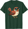 Chipper Feather Co Bird: Sparrow in Sunglasses, Cool Cartoon Avian Attitude T-Shirt - Dark Green