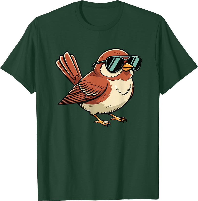Chipper Feather Co Bird: Sparrow in Sunglasses, Cool Cartoon Avian Attitude T-Shirt - Dark Green