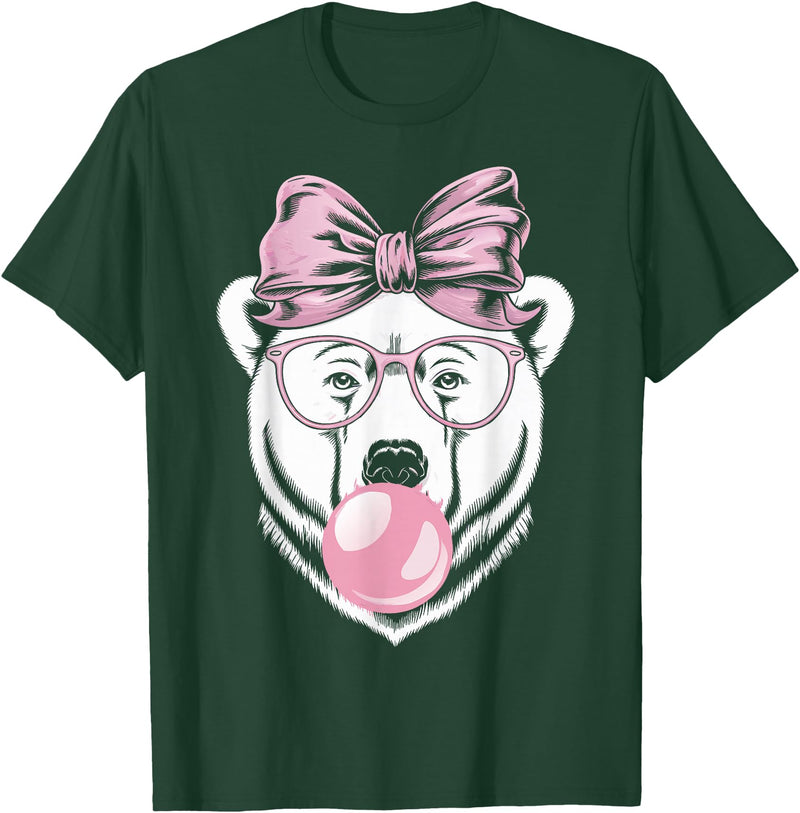 Polar Bear Bubblegum Polar Bear Wearing Glasses and Blowing Pink Bubble Gum T-Shirt - Dark Green