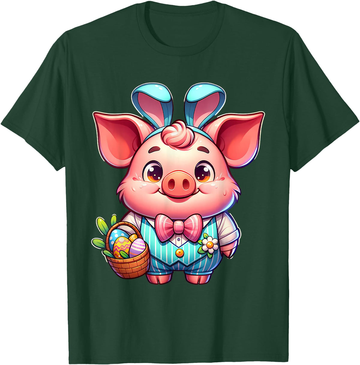 Pig Easter Designs. Easter Pig Bunny Ears Eggs Cute Farm Animal T-Shirt - Dark Green