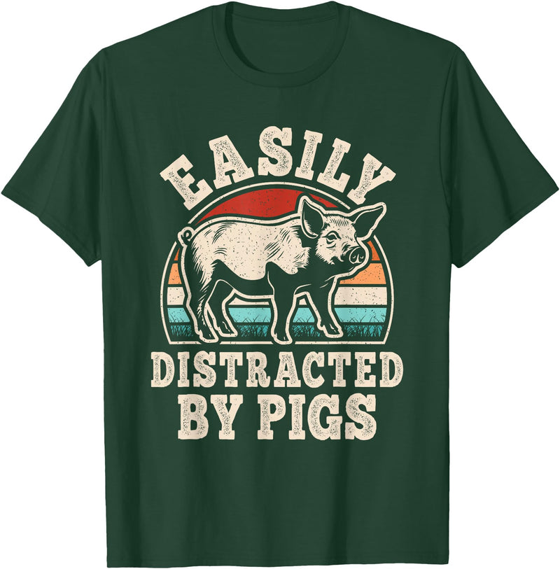 BALARI Easily Distracted by Pigs Funny Retro Pig Farmer Men Women T-Shirt - Dark Green