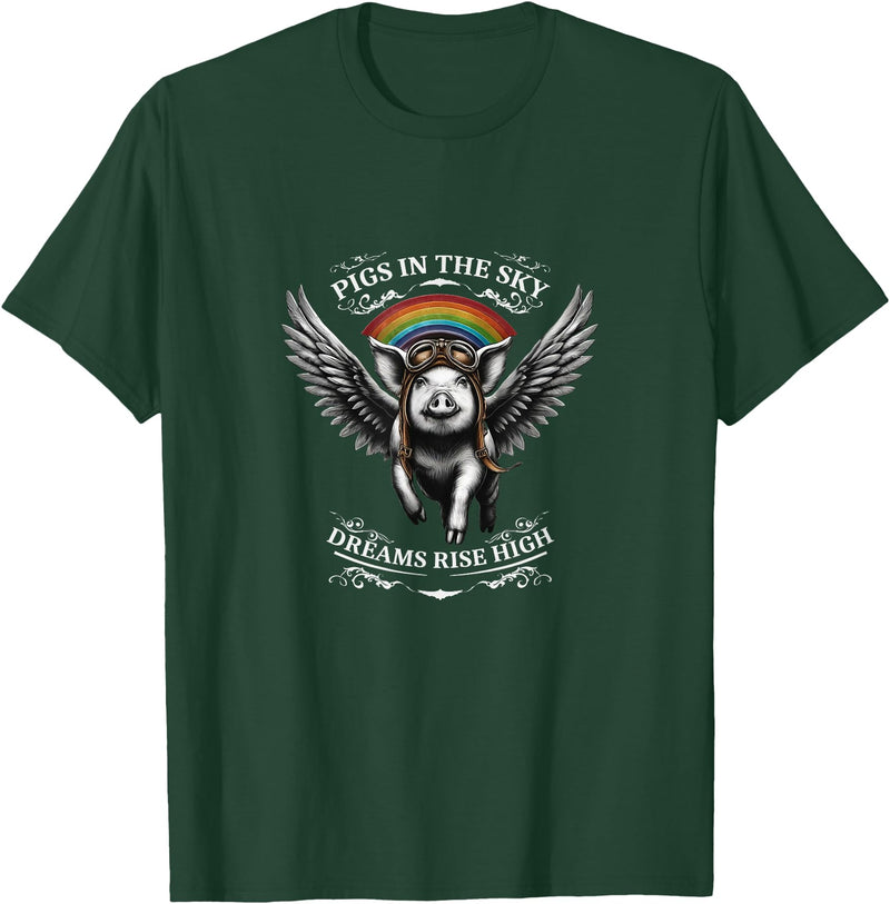 Schwein im Himmel – Träume steigen hoch Flying Pig with Wings in the Sky T-Shirt - Dark Green