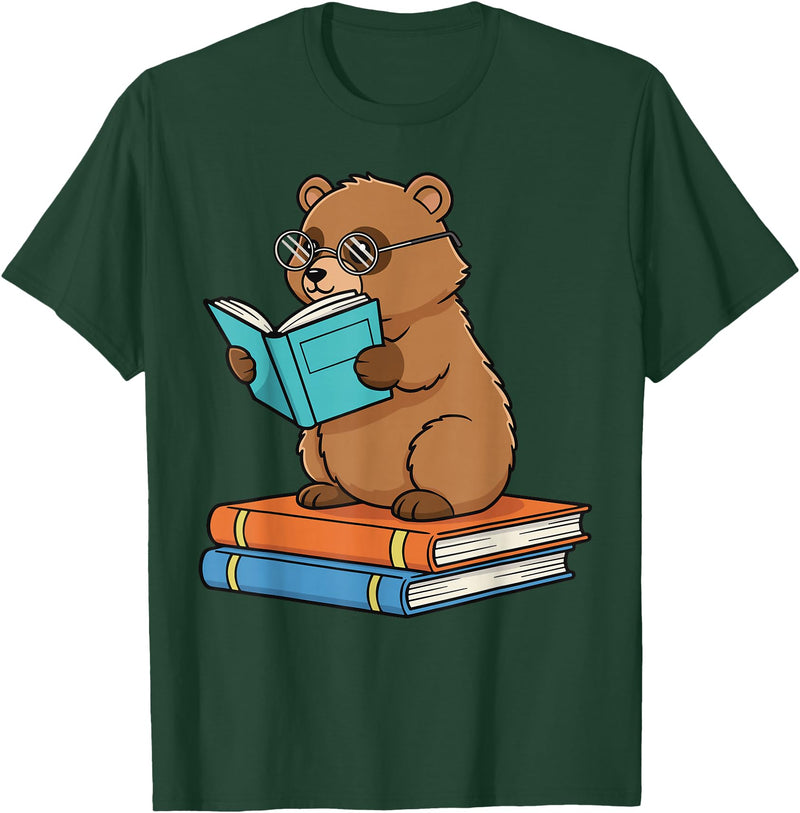 Reading Bear Bookworm Tee Reading Bear Bookworm Cute Bear with Glasses Books T-Shirt - Dark Green