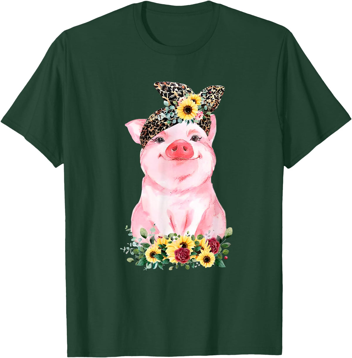 Pig Leopard Headband Flower Tees Pig With Leopard Headband Flower Cute Pig Lover T-Shirt - Dark Green
