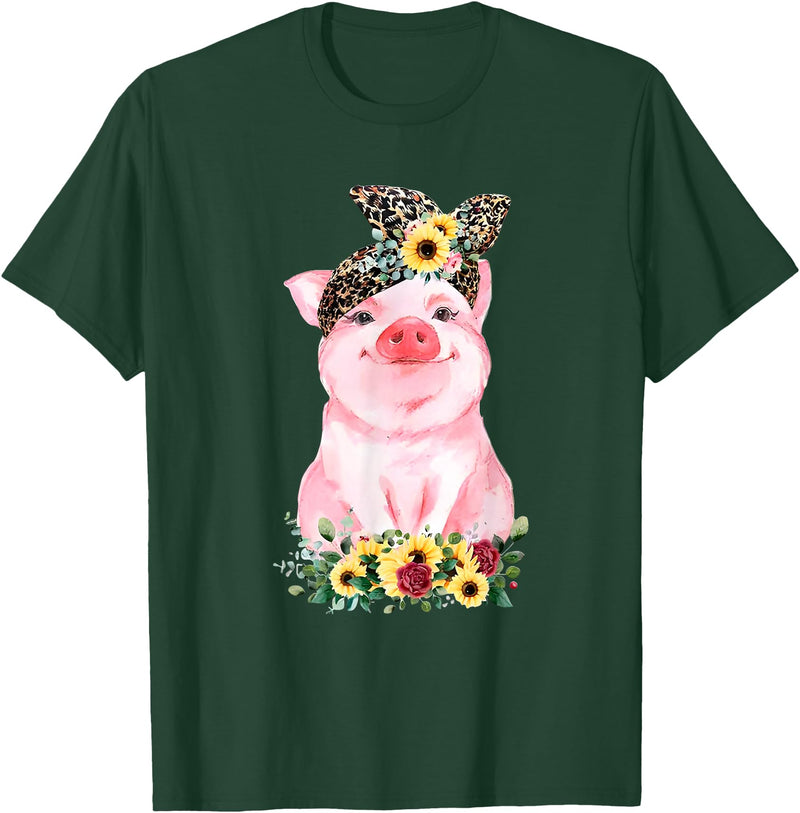 Pig Leopard Headband Flower Tees Pig With Leopard Headband Flower Cute Pig Lover T-Shirt - Dark Green