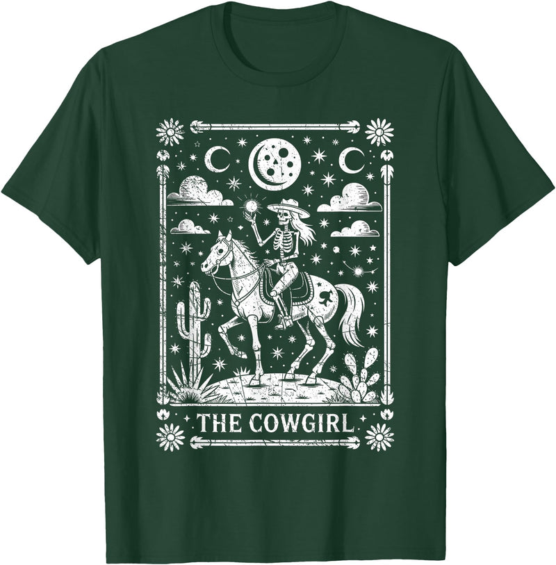 Funny Halloween Horse Costume Ideas And Gift Skeleton Cowgirl Riding Horse Tarot Card Gothic Halloween T-Shirt - Dark Green