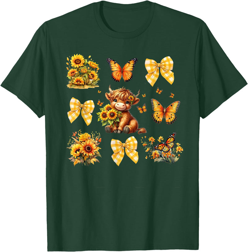 Coquette Bow Scottish Highland Cow Sunflower Shirt Baby Highland Cow With Sunflower Butterflies Farm Western T-Shirt - Dark