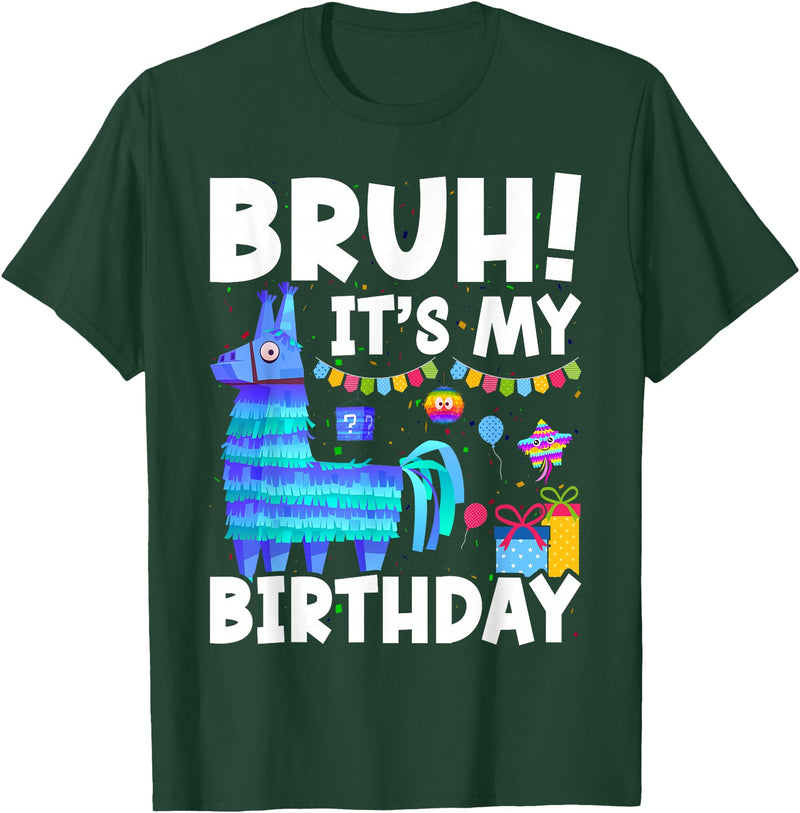 Llama Lover Gift Co. Bruh Its My Birthday Llama Pinata Family Party Boys Girls T-Shirt - Dark Green