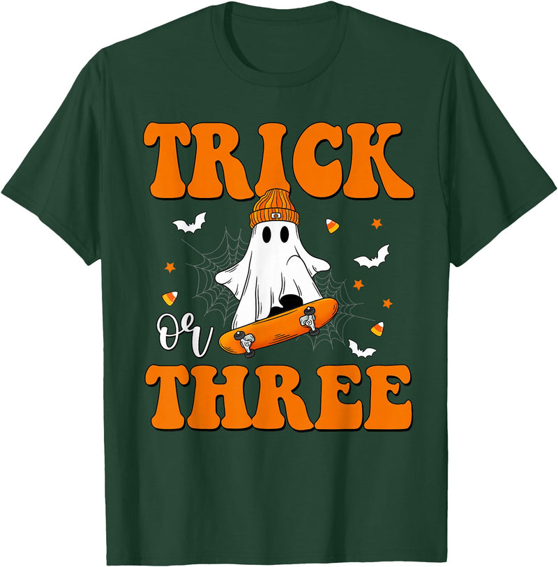3 Year Old Boy Birthday Gift For Spooky Boys Kids Trick or Three 3rd Halloween Birthday Ghost Skateboarding T-Shirt - Dark