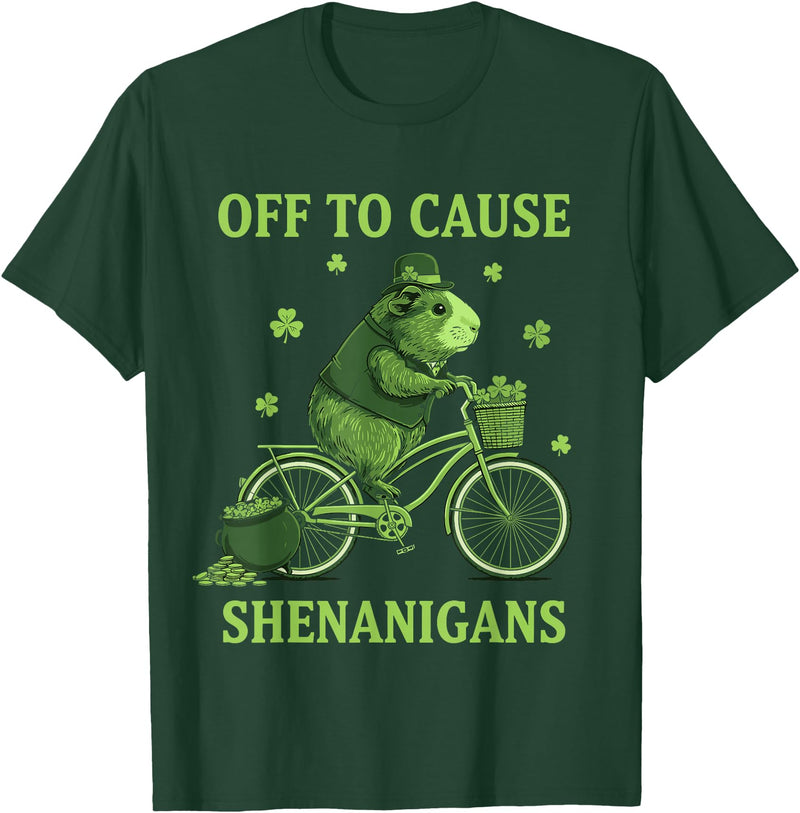 Funny St Paddys Day Cute Guinea Pig Bicycle Off to Cause Shenanigans Guinea Pig St Patricks Day T-Shirt - Dark Green