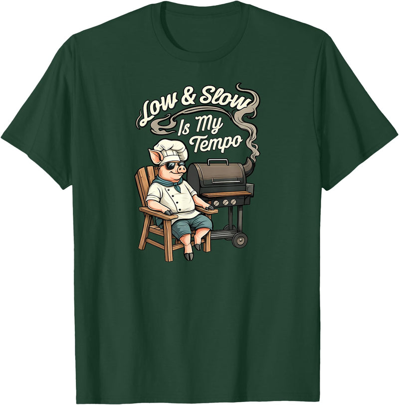 Pitmaster Pig Apparel Low & Slow Is My Tempo Pig BBQ Smoker T-Shirt - Dark Green