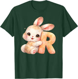 Letter R Rabbit Watercolor Cute Baby Animal Alphabet Initial T-Shirt in Dark Green