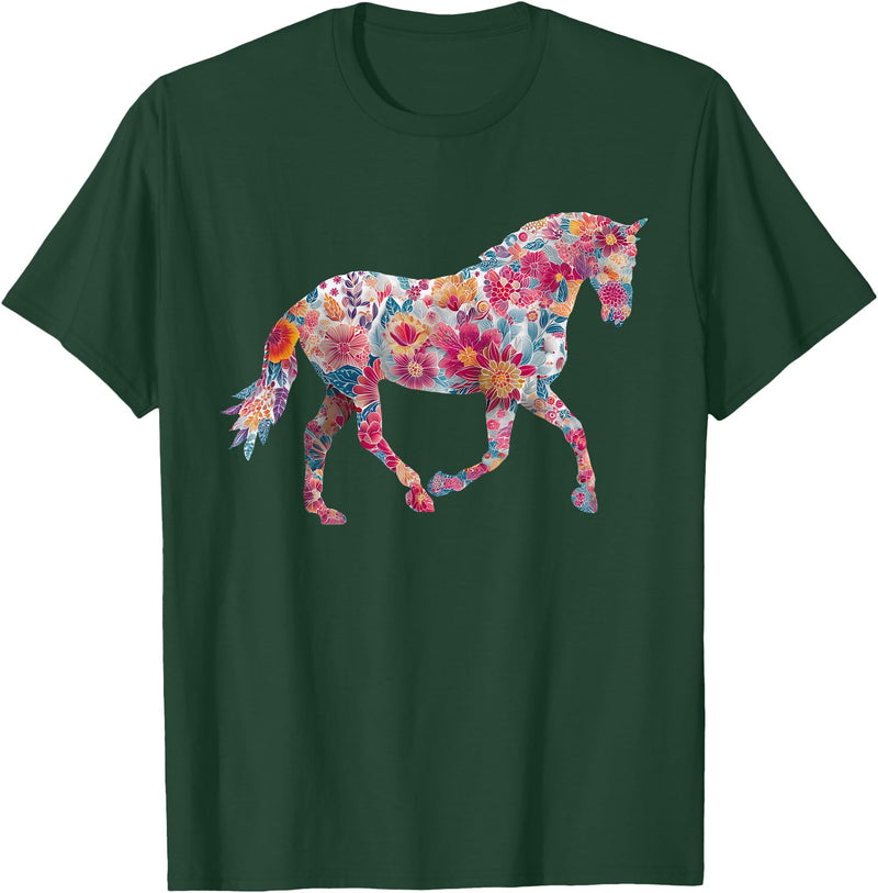 Horse Designs. Horse Flower Equestrian Riding Floral Pattern Graphic T-Shirt - Dark Green