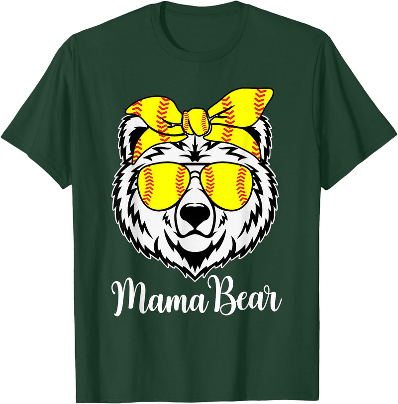 Mama Bear Face Apparel Softball Mama Bear With Sunglasses Bandana Momma Mothers Dy T-Shirt - Dark Green
