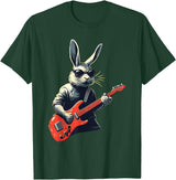 Rabbit Bunny Wearing Sunglasses Playing Guitar Musician T-Shirt in Dark Green