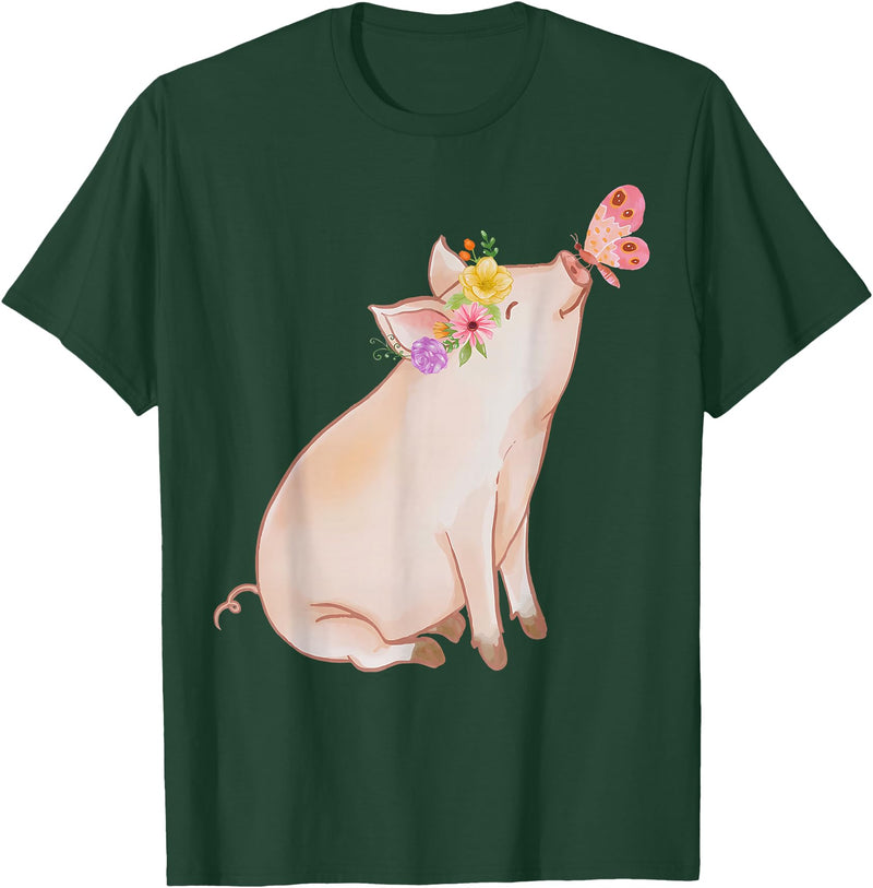 Watercolor Pink Pig With Floral And Butterfly Farm Design T-Shirt - Dark Green