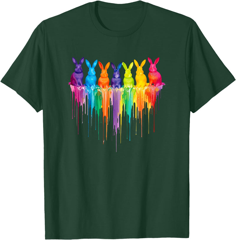 Vibrant Rainbow Bunnies Dripping Colors Easter T-Shirt in Dark Green