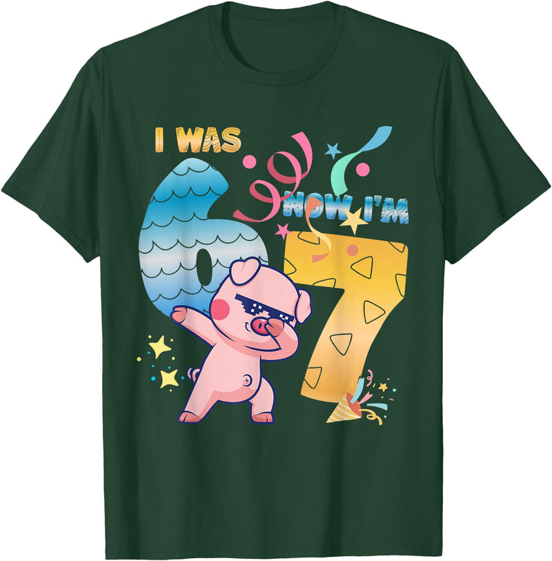 Funny 7th Birthday 6-7 Meme Pig Shir-t Kids Gift I was 6 Now I'm 7 Funny 67 Birthday Kids Boys Dabbing Pig T-Shirt - Dark Green